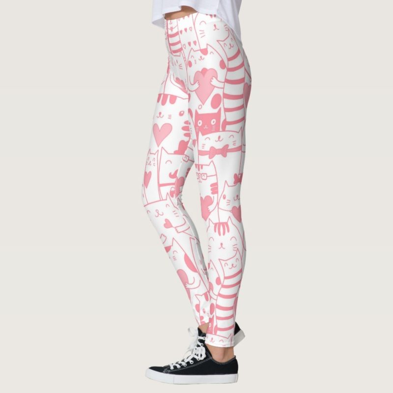 Heart You Printed Kawaii Munchkin Cat Leggings in Pink and White