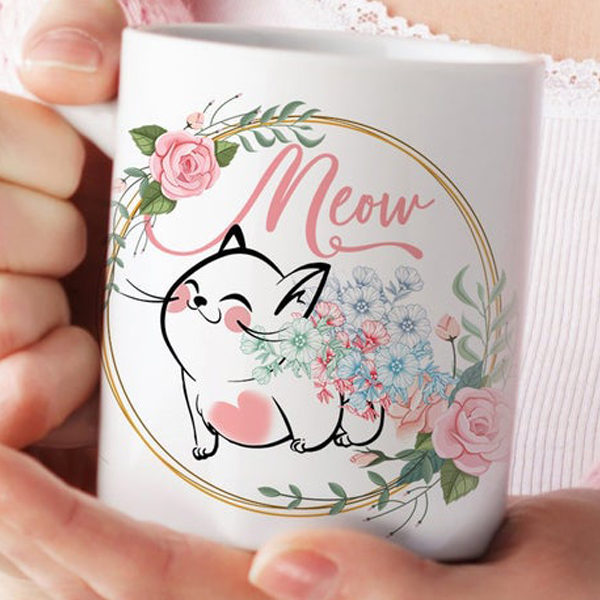 Cat Coffee Mug With Munchkin Cat inside Floral Wreathe - Munchkin Cat Christmas Gift For Cat Lovers