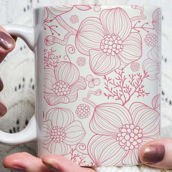 Pink Floral Hibiscus Rose Ceramic Coffee Mug