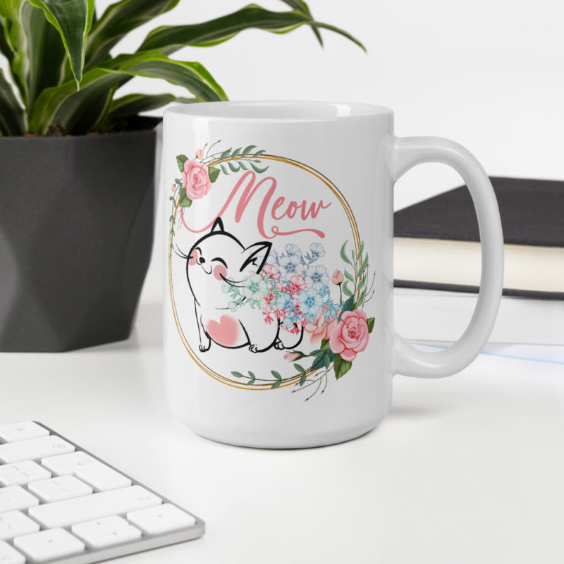 Cat Coffee Mug With Munchkin Cat inside Floral Wreathe - Munchkin Cat Christmas Gift For Cat Lovers