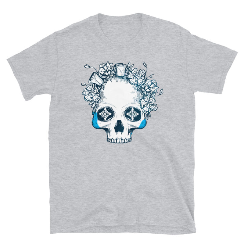 Icy Blue Floral Half Skull T-Shirt