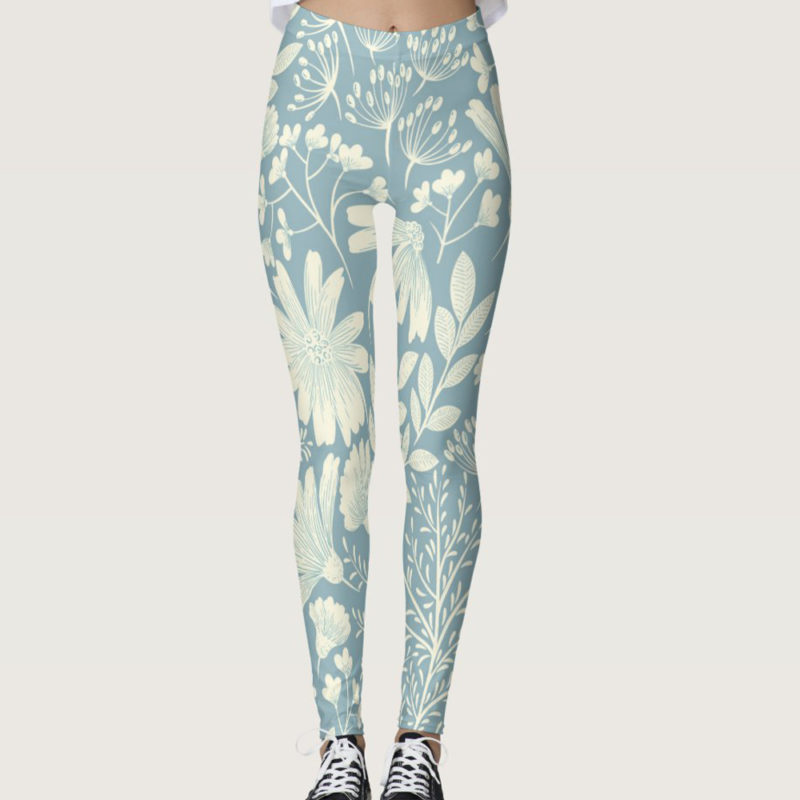 Pale Blue Lily of The Incas Printed Yoga Leggings For Women