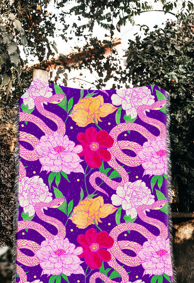 Snakes Dahlia Poppies Blanket - Colorful Woven Tapestry Blanket - Cotton Throws - Dahlia - Housewarming Gift - Yellow Snake Home Decor