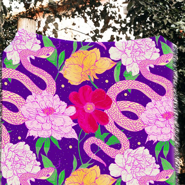 Snakes Dahlia Poppies Blanket - Colorful Woven Tapestry Blanket - Cotton Throws - Dahlia - Housewarming Gift - Yellow Snake Home Decor