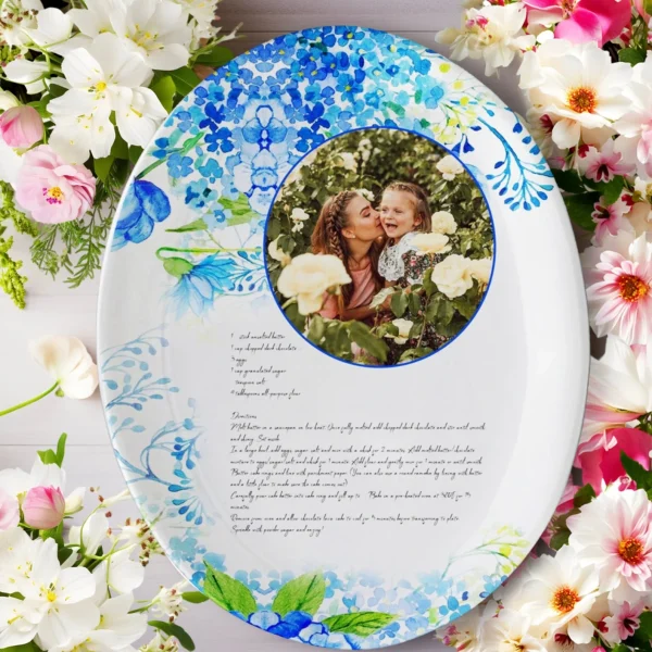 Custom Recipe Plate Keepsafe Heirloom gift, Mother's Day Gift, Recipe Platter, blue handwritten recipe platter for mom wedding chef