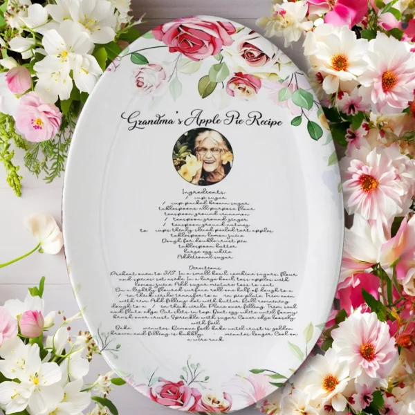 Handwritten Recipe Platter with Photo and Flowers