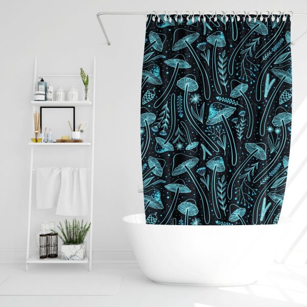 Unique Shower Curtain with blue celestial mushroom pattern, 71 x 74 housewarming gift