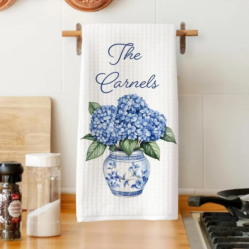 Custom Hydrangea Chinoiserie Tea Towel: Personalized Waffle Weave Kitchen Essential