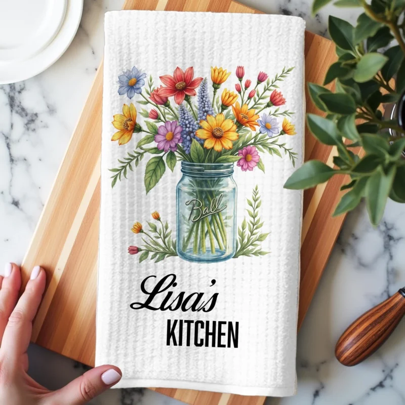 Personalized Wildflower Kitchen Towel – Custom Waffle Weave Tea Towel Gift for Mom, Floral Dish Towel, Unique Cooking & Home Decor